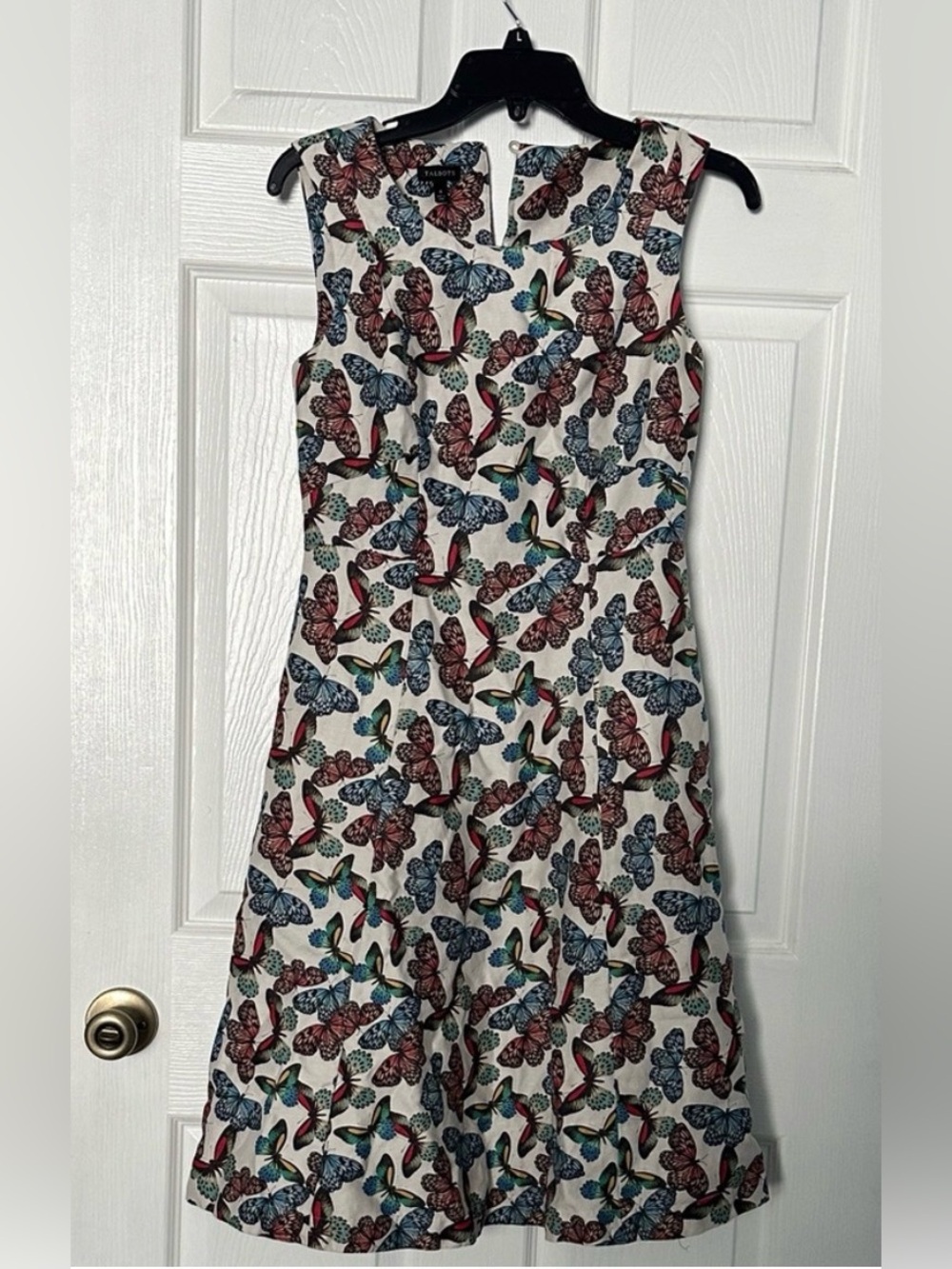 Talbots White Butterfly Print Midi Dress with Red and Blue Accents